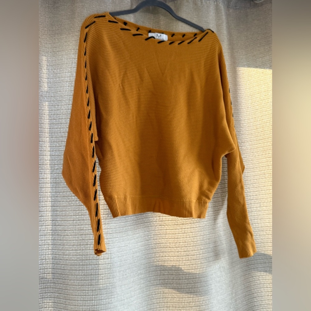 Magaschoni Mustard Off-the-Shoulder Sweater with Black Trim